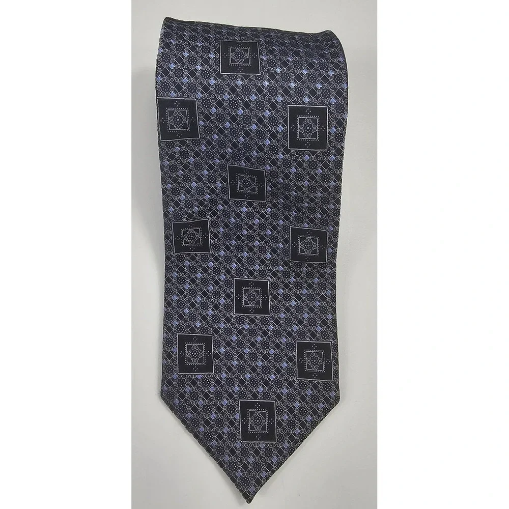 ERMENEGILDO ZEGNA Men's 100% Silk LUXURY Tie‎ Blue Black Silver Geometric
